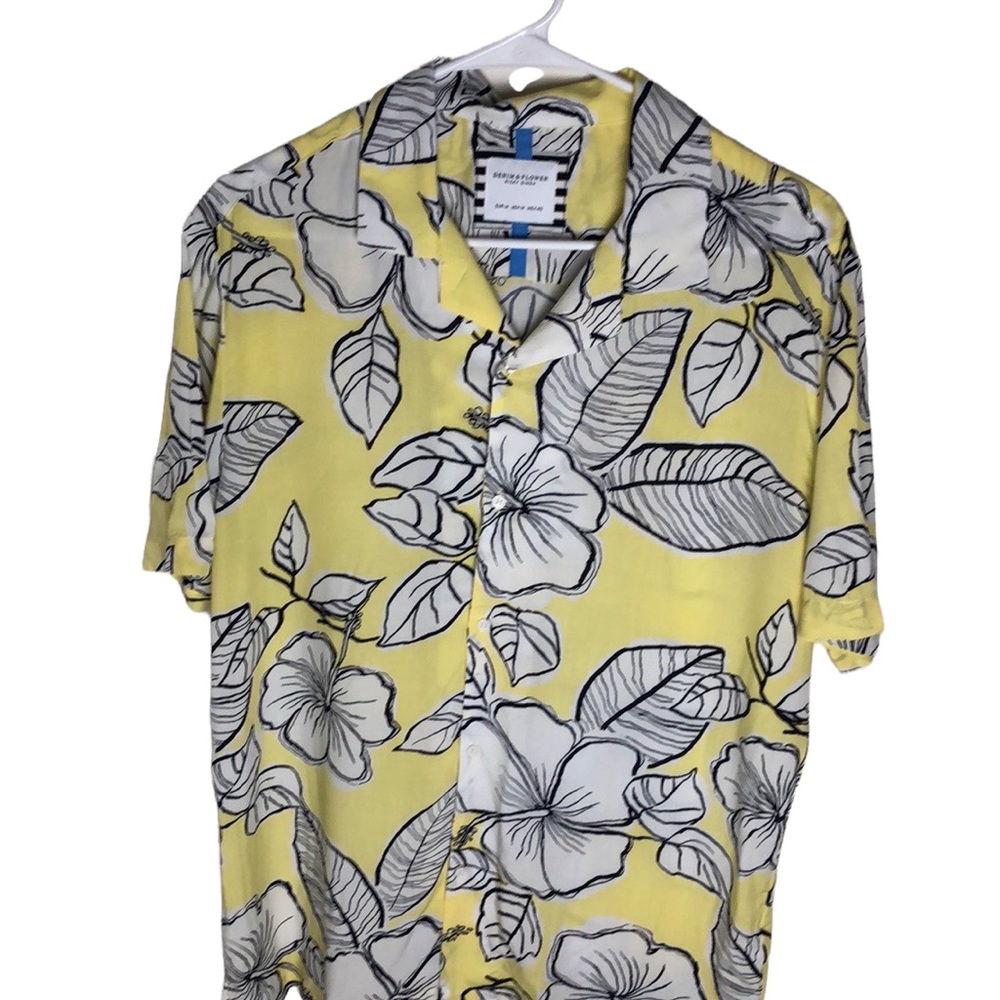 Denim & Flower Hibiscus Floral Button Up Shirt Mens Size M